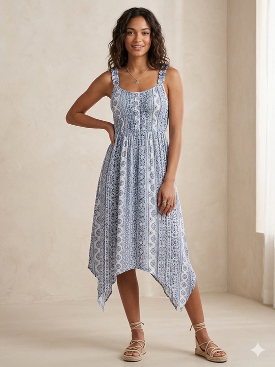 Derek Heart Dresses & Skirts - Derek Heart Light Blue Printed Handkerchief-Hem Midi Dress
